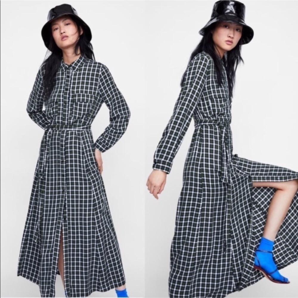 Zara Woman Green Plaid Check Button Front Dress
